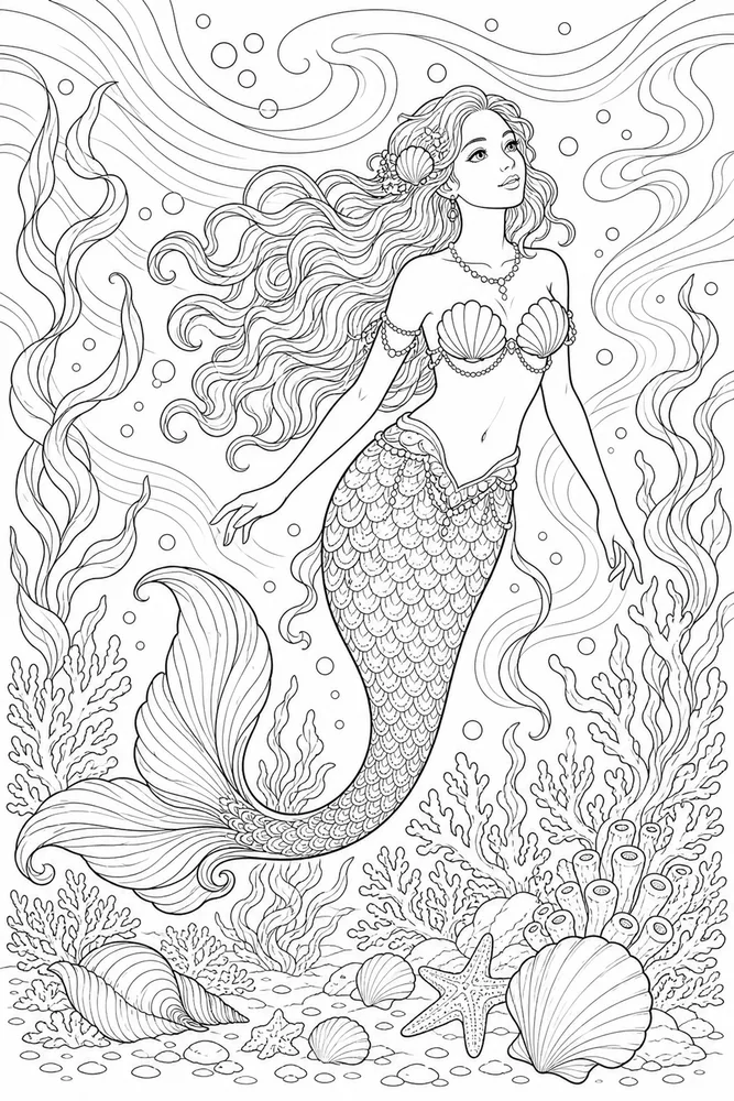 Realistic Mermaid Ocean Current coloring page
