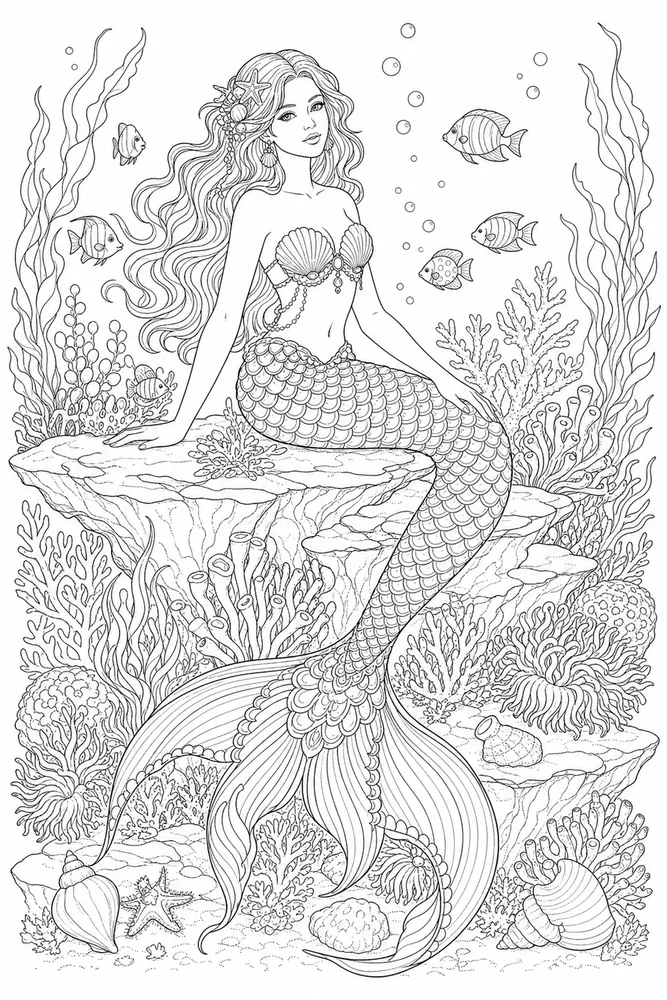 Realistic Mermaid Reef Ledge coloring page