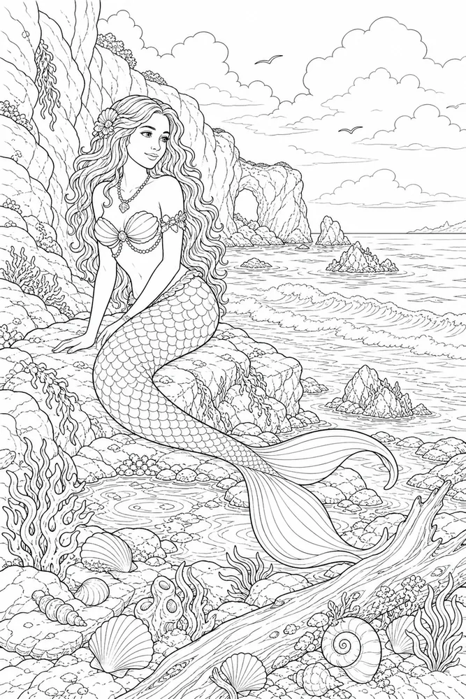 Realistic Mermaid Rocky Cove coloring page