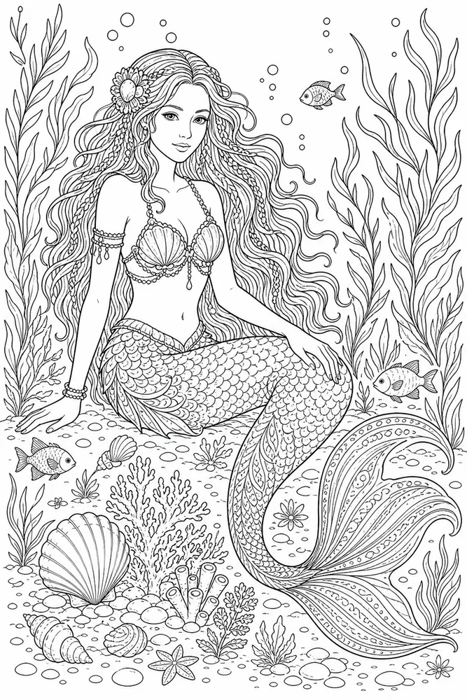 Realistic Mermaid Seagrass Meadow coloring page
