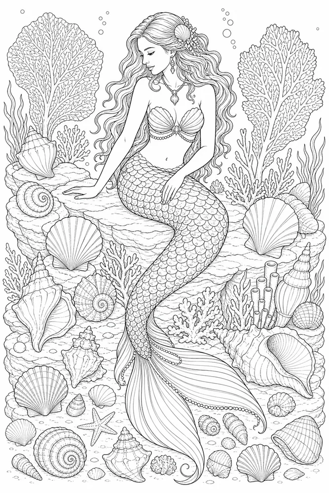 Realistic Mermaid Shell Study coloring page