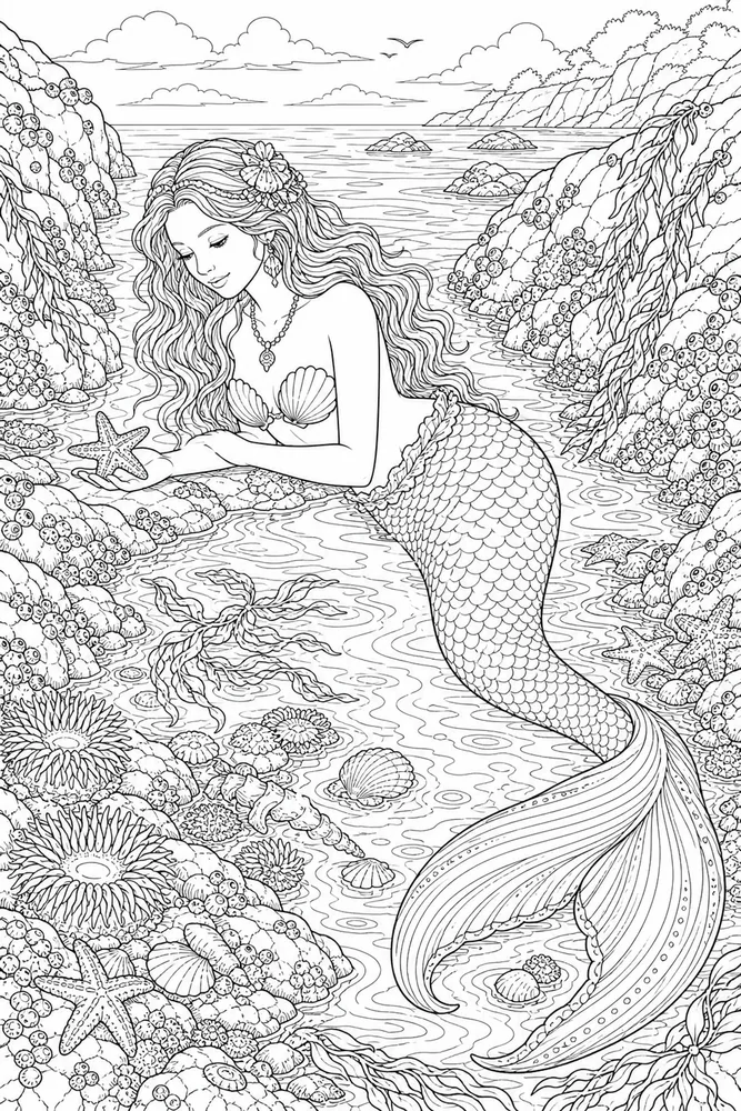 Realistic Mermaid Tide Pool Cove coloring page