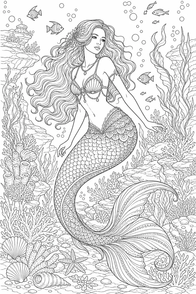 Realistic Mermaid Underwater Portrait coloring page