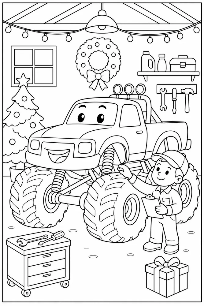 Christmas Monster Truck Christmas Monster Truck Garage Checkup coloring page