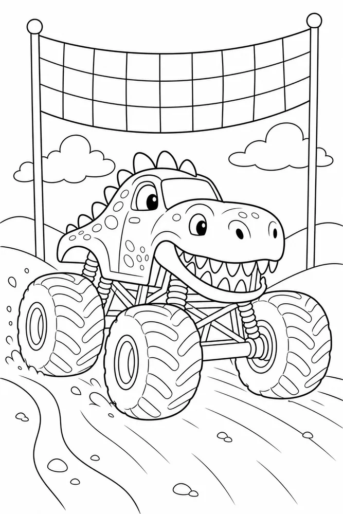 Dinosaur Monster Truck Dinosaur Monster Truck Finish Flag coloring page