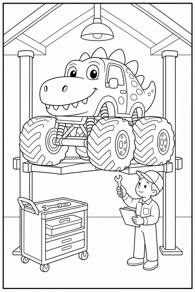 Dinosaur Monster Truck Dinosaur Monster Truck Garage Checkup coloring page
