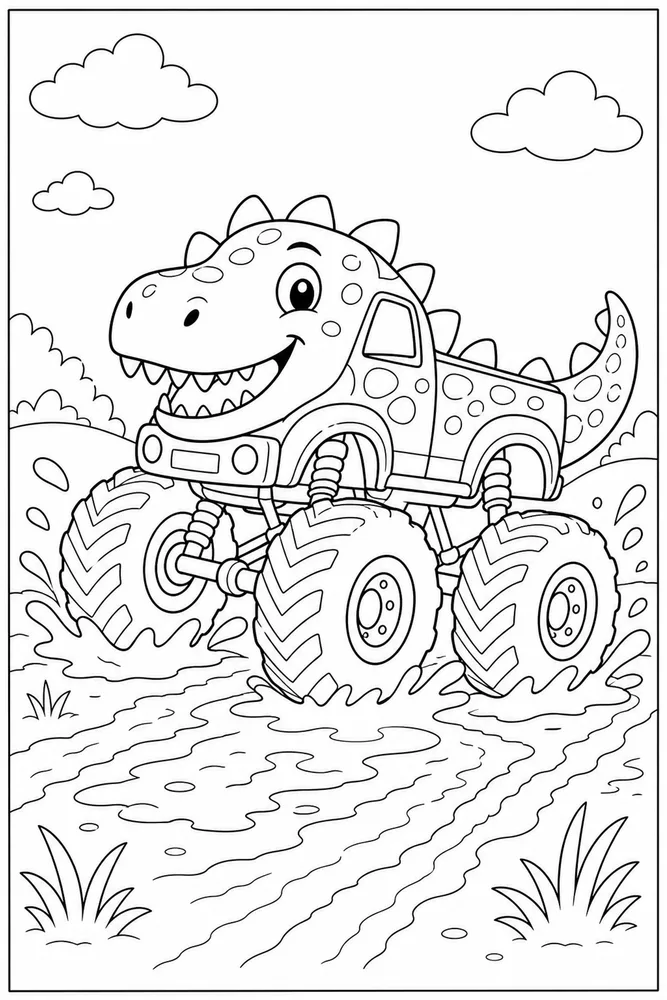 Dinosaur Monster Truck Dinosaur Monster Truck Muddy Track coloring page
