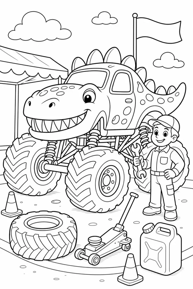 Dinosaur Monster Truck Dinosaur Monster Truck Pit Stop coloring page