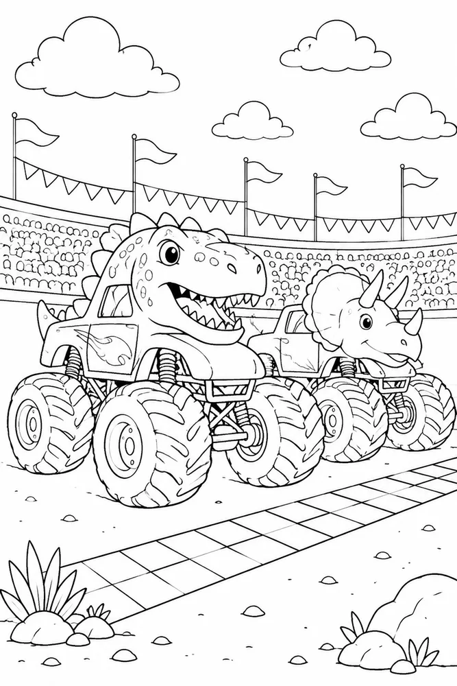 Dinosaur Monster Truck Dinosaur Monster Truck Stadium Start Line coloring page