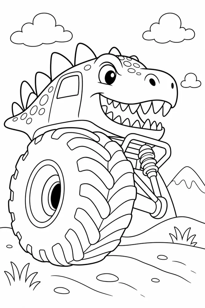 Dinosaur Monster Truck Coloring Pages preview: Dinosaur Monster Truck Dinosaur Monster Truck Tire Close Up coloring page