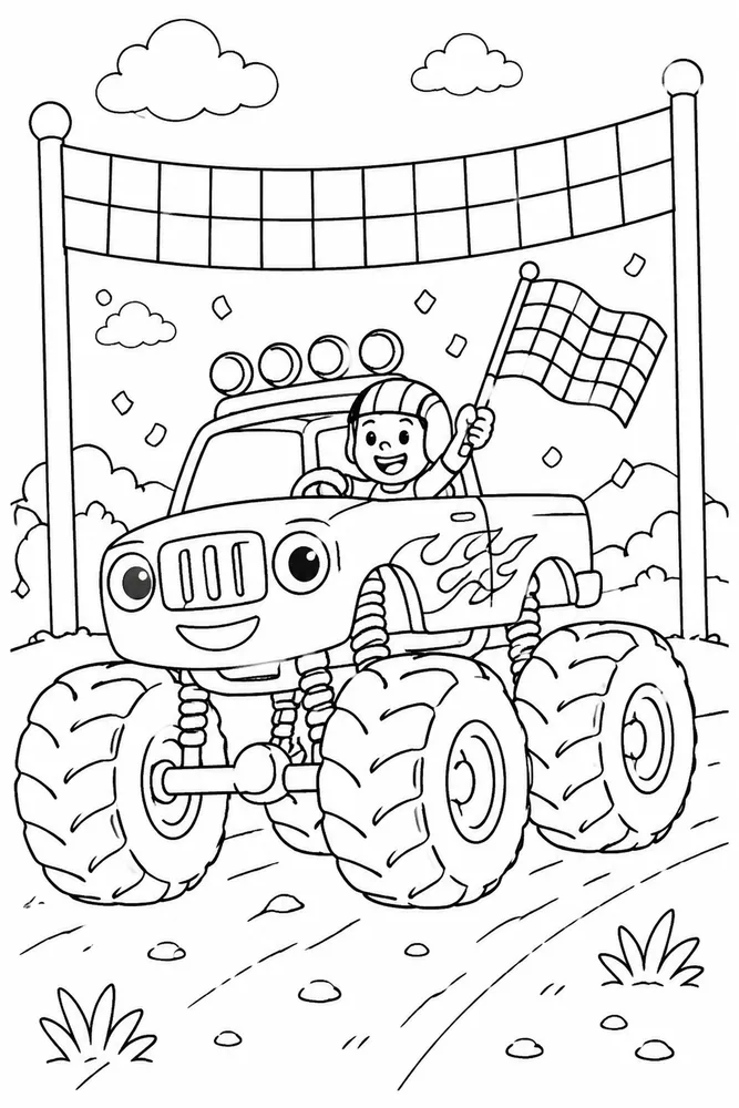 Easy Monster Truck Easy Monster Truck Finish Flag coloring page