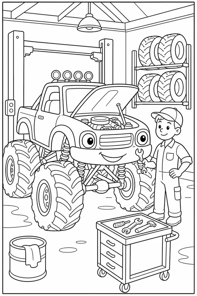 Easy Monster Truck Easy Monster Truck Garage Checkup coloring page