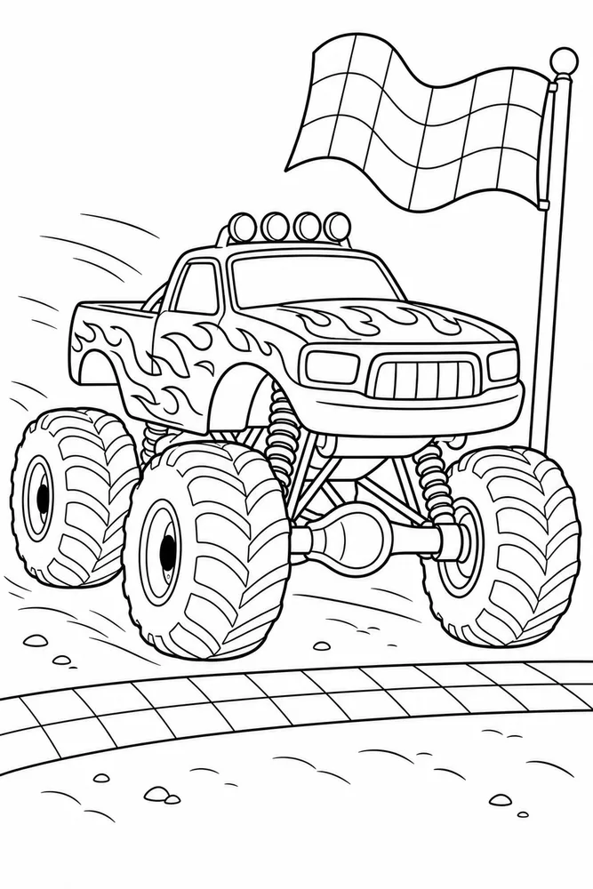 Fire Monster Truck Fire Monster Truck Finish Flag coloring page