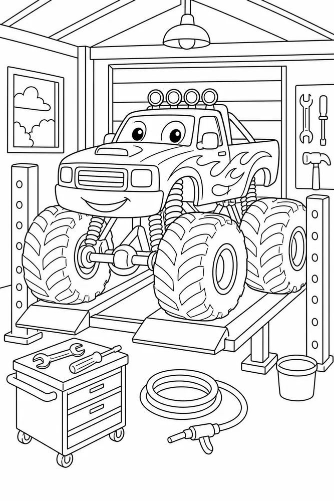 Fire Monster Truck Fire Monster Truck Garage Checkup coloring page