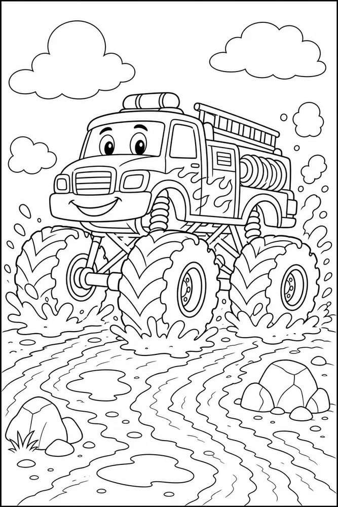 Fire Monster Truck Fire Monster Truck Muddy Track coloring page