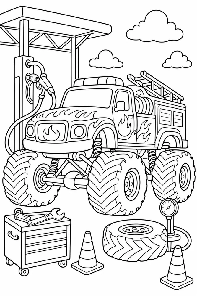 Fire Monster Truck Fire Monster Truck Pit Stop coloring page