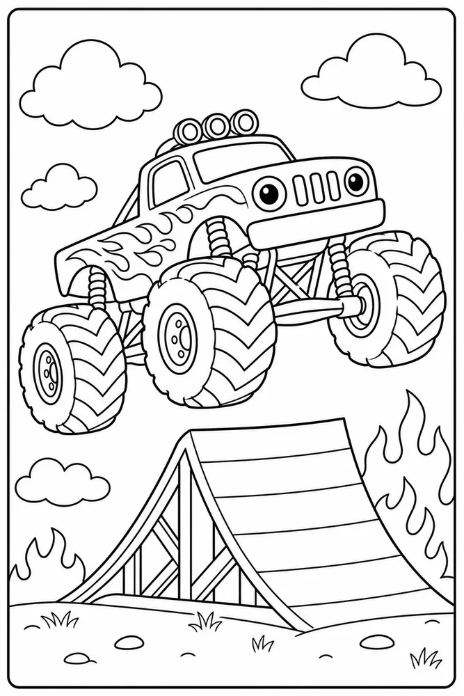 Fire Monster Truck Fire Monster Truck Ramp Jump coloring page