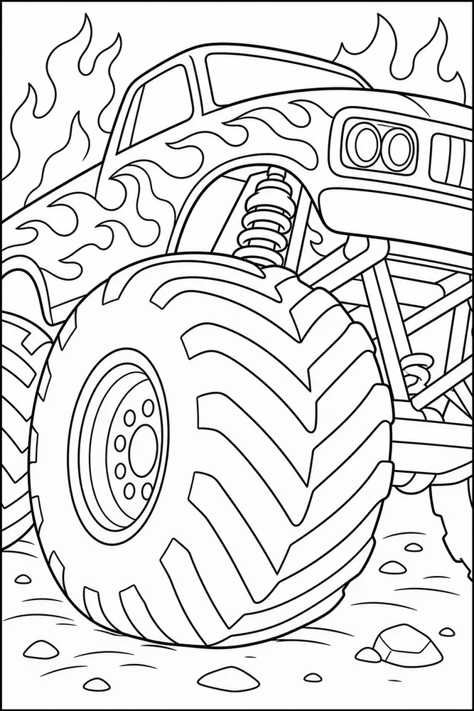Fire Monster Truck Fire Monster Truck Tire Close Up coloring page