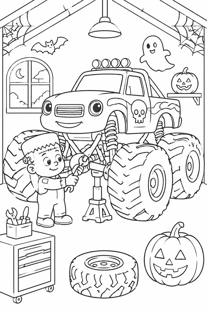 Halloween Monster Truck Coloring Pages preview: Halloween Monster Truck Halloween Monster Truck Garage Checkup coloring page