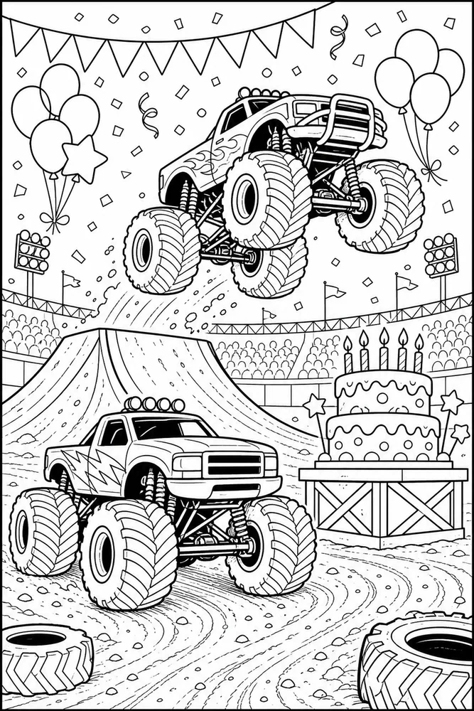 Monster Jam Truck Monster Truck Birthday Scene printable coloring page