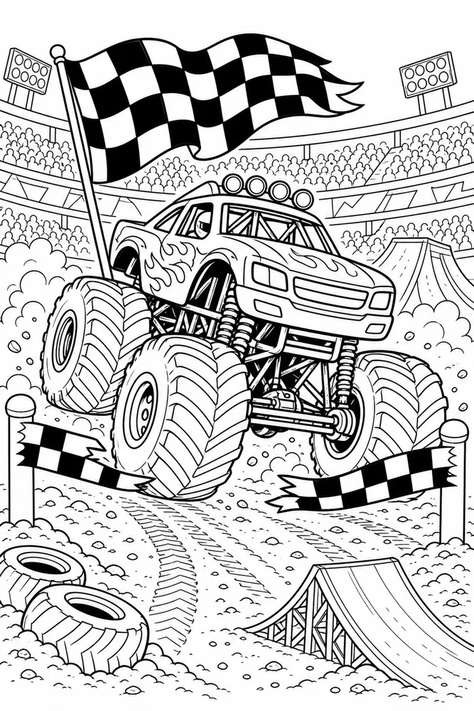 Monster Jam Truck Monster Truck Flag Finish printable coloring page