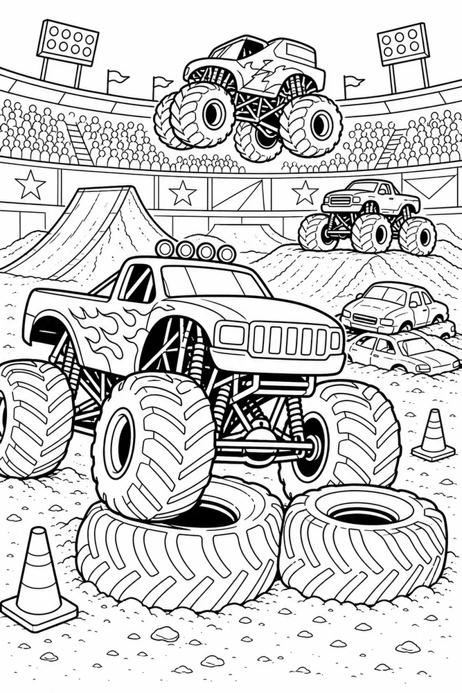 Monster Jam Truck Monster Truck Obstacle Course printable coloring page