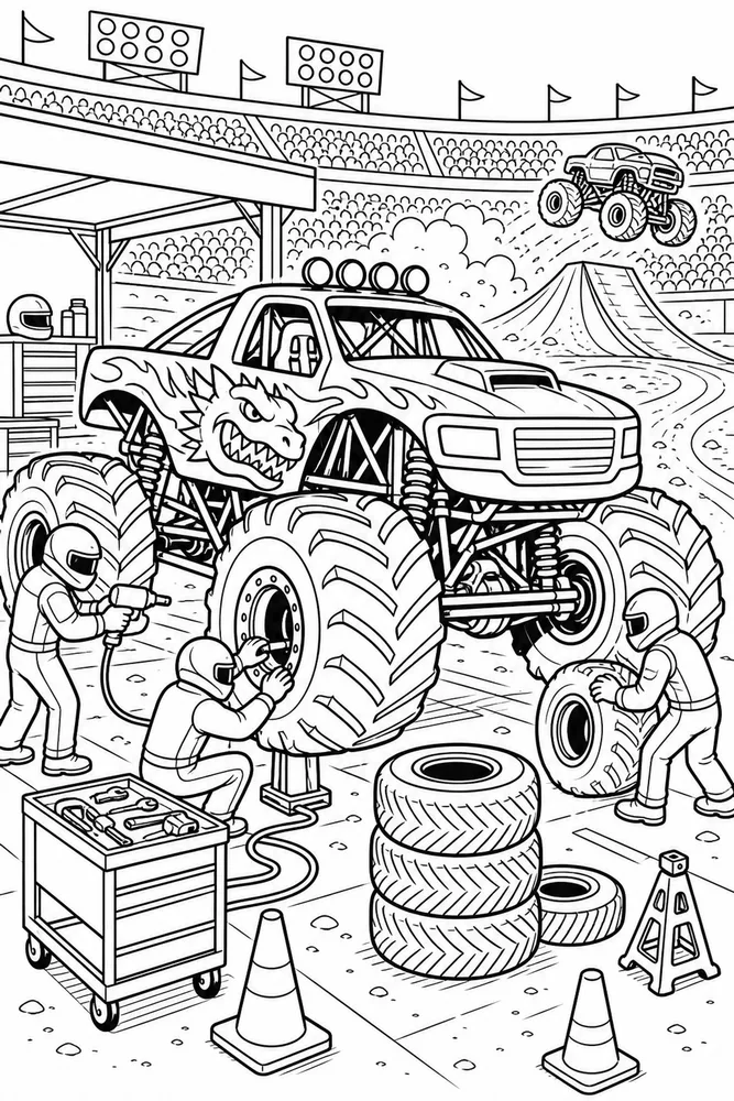 Monster Jam Truck Monster Truck Pit Stop printable coloring page