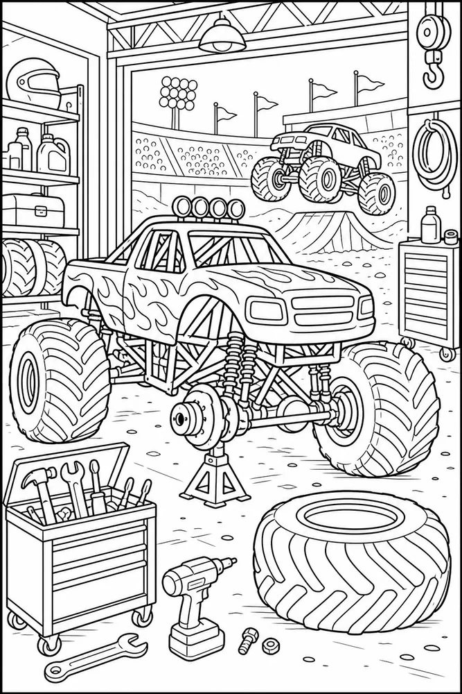 Monster Jam Truck Monster Truck Repair Garage printable coloring page