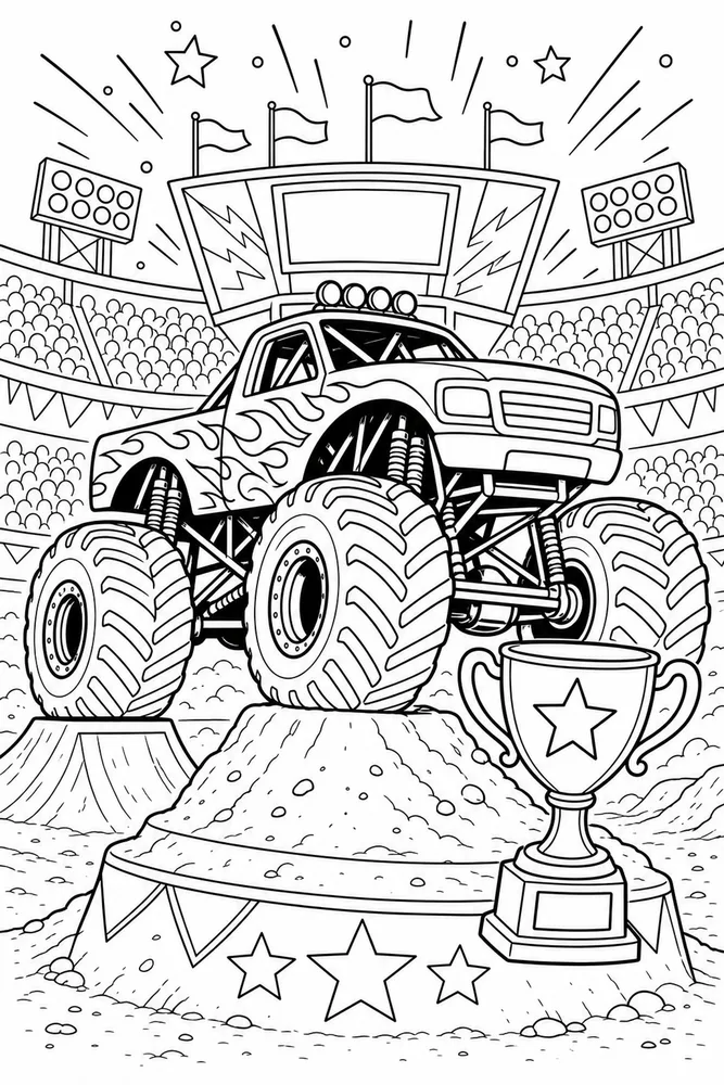 Monster Jam Truck Monster Truck Trophy Scene printable coloring page