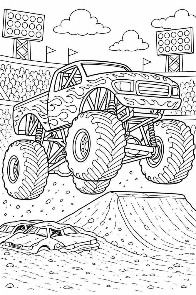 Monster Jam Truck Monster Truck With Flames No Logo printable coloring page