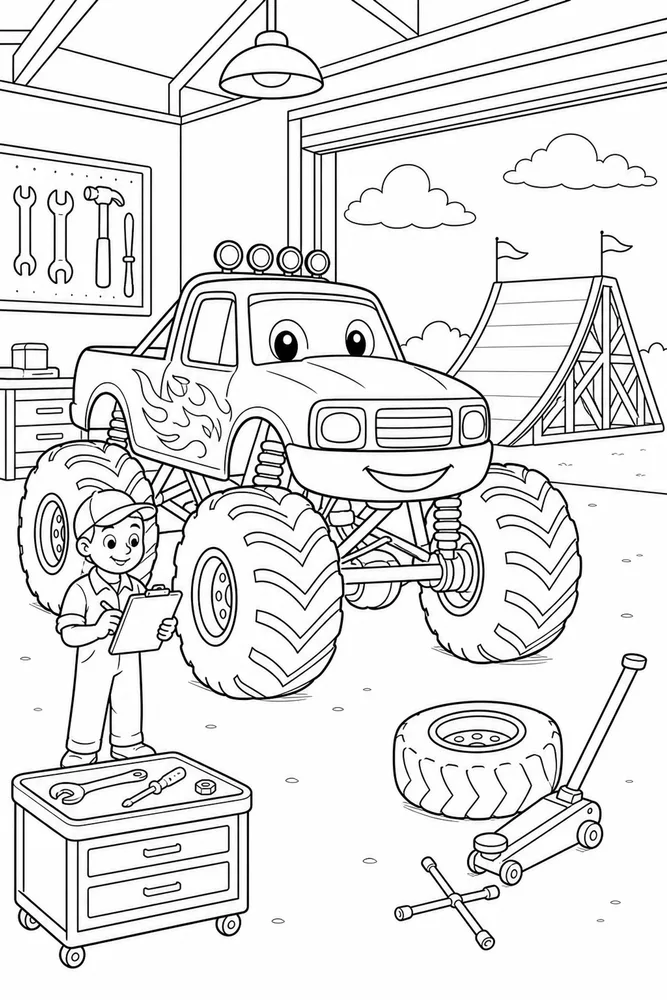 Monster Truck Jump Monster Truck Jump Garage Checkup coloring page