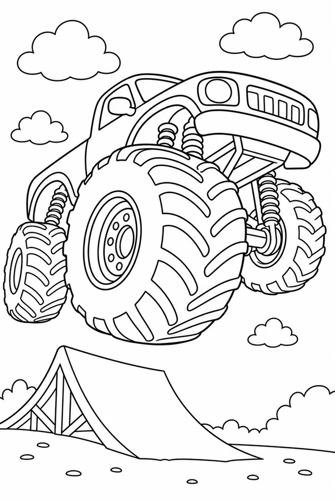 Monster Truck Jump Coloring Pages preview: Monster Truck Jump Monster Truck Jump Tire Close Up coloring page