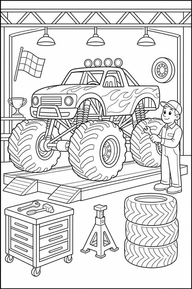 Monster Truck Race Monster Truck Race Garage Checkup coloring page