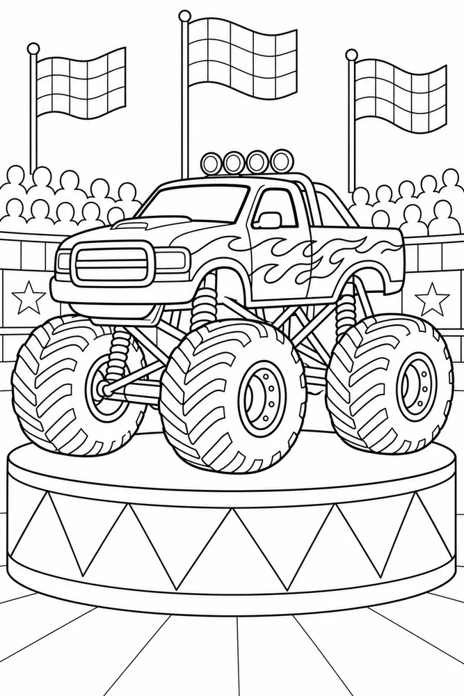 Monster Truck Race Coloring Pages preview: Monster Truck Race Monster Truck Race Showcase Platform coloring page