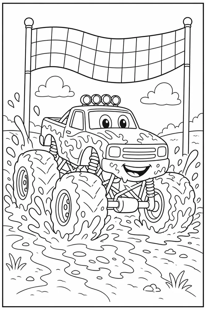 Muddy Monster Truck Muddy Monster Truck Finish Flag coloring page