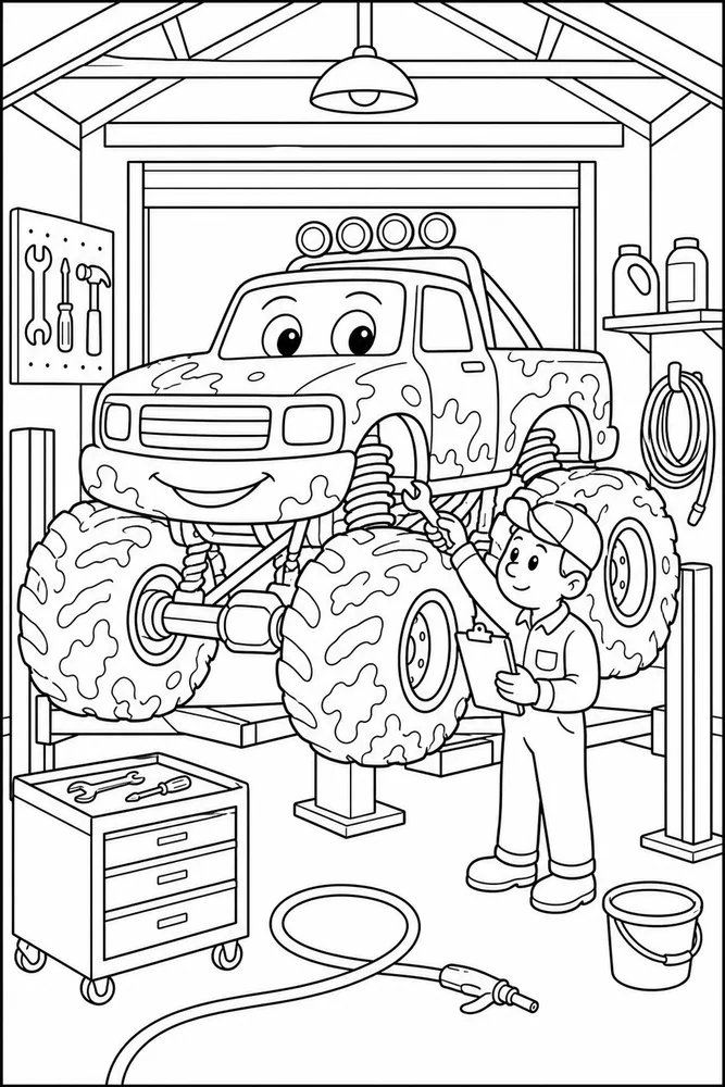 Muddy Monster Truck Coloring Pages preview: Muddy Monster Truck Muddy Monster Truck Garage Checkup coloring page