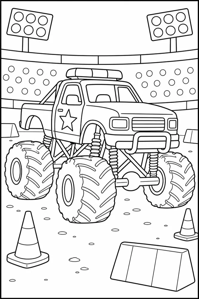 Police Monster Truck Coloring Pages preview: Police Monster Truck Police Monster Truck Arena Lights coloring page