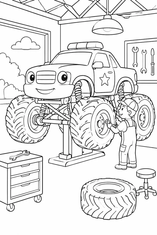 Police Monster Truck Police Monster Truck Garage Checkup coloring page