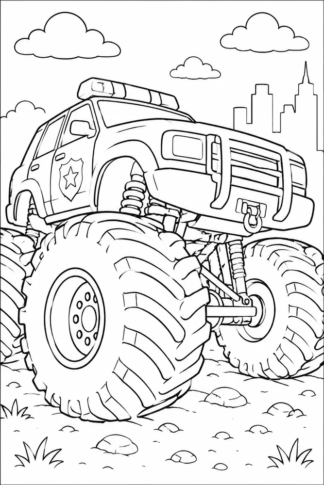 Police Monster Truck Police Monster Truck Tire Close Up coloring page