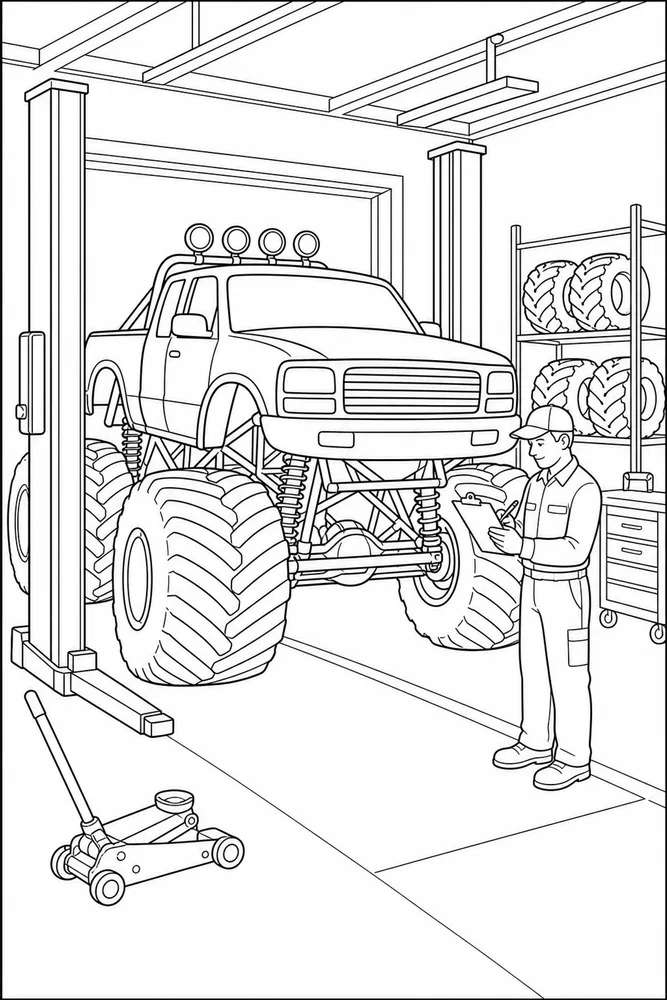 Realistic Monster Truck Realistic Monster Truck Garage Checkup coloring page
