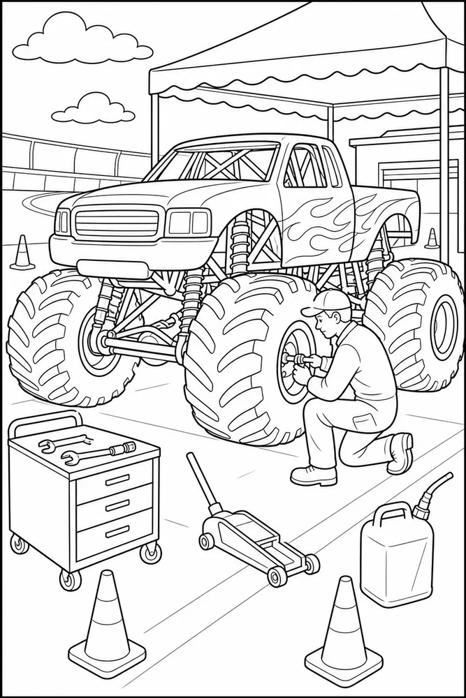 Realistic Monster Truck Realistic Monster Truck Pit Stop coloring page