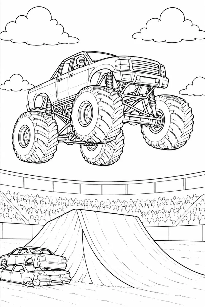 Realistic Monster Truck Realistic Monster Truck Ramp Jump coloring page