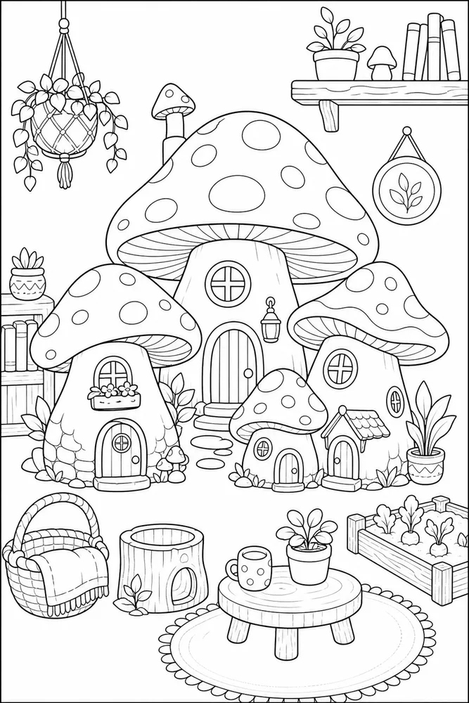 Mushroom House Mushroom house cozy indoor moment coloring page