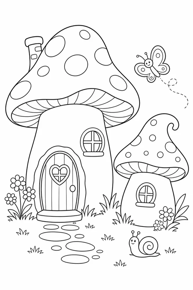 Mushroom House Mushroom house family scene coloring page