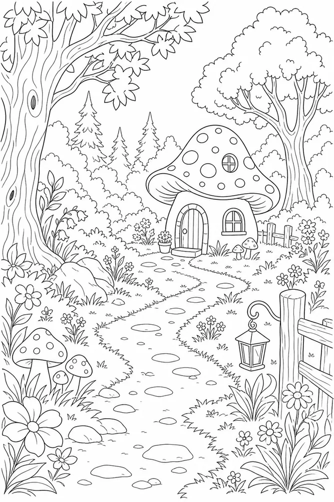 Mushroom House Mushroom house outdoor path coloring page