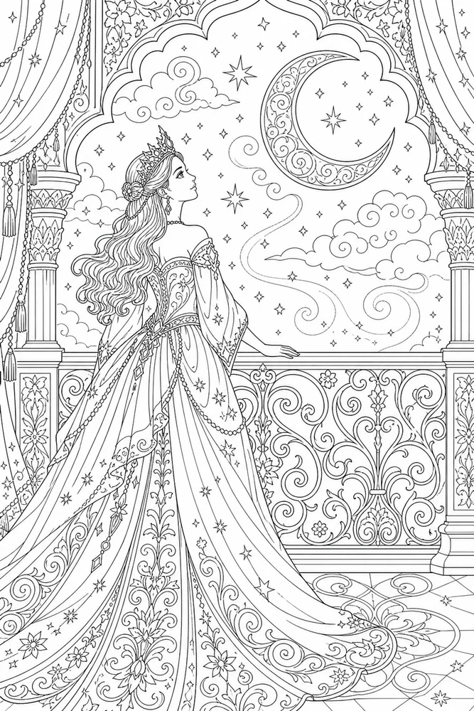 Adult Princess Balcony Night Sky coloring page