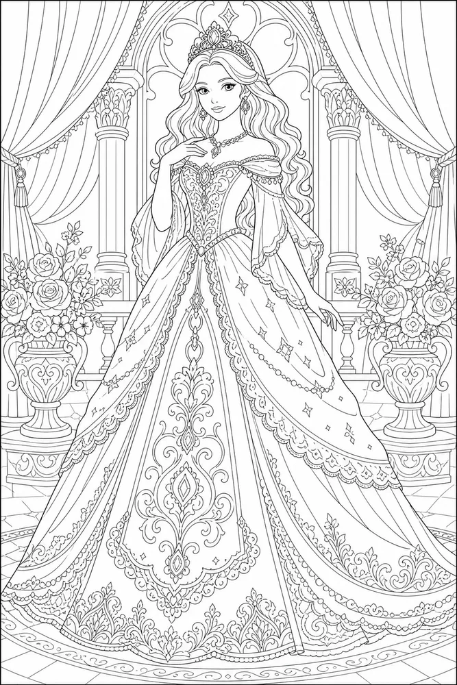 Adult Princess Detailed Royal Gown coloring page
