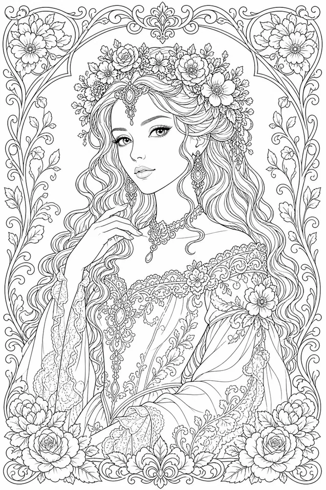 Adult Princess Floral Crown Portrait coloring page