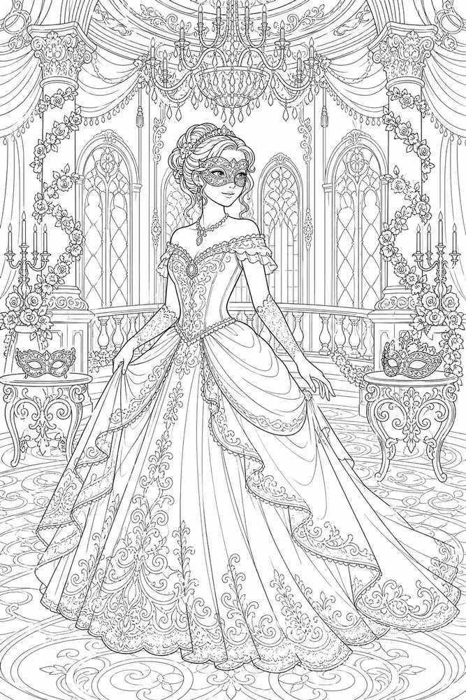 Adult Princess Masquerade Ballroom coloring page