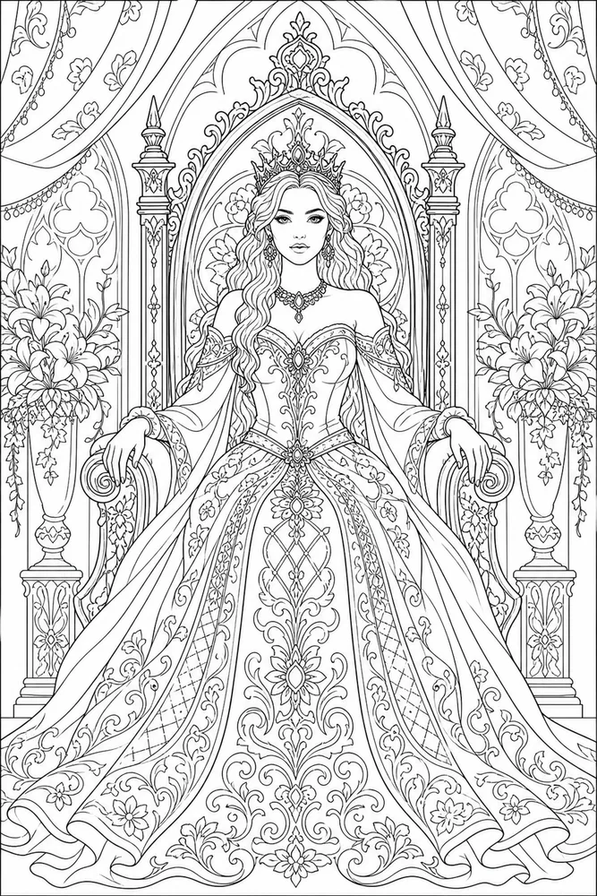 Adult Princess Ornate Throne Portrait coloring page